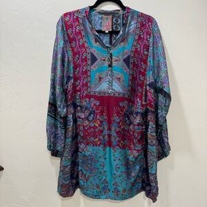 Johnny Was Floral Tunic Shift Dress Women's Medium 100% Silk Floral Multicolor